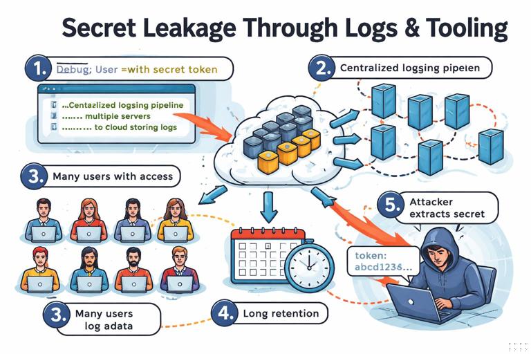 Security operations illustration of secret leakage through logs and tooling: a debug log line containing a token, centralized logging pipeline, many users with access, long retention, and an attacker extracting secrets; clear infographic style, labeled steps, no logos.