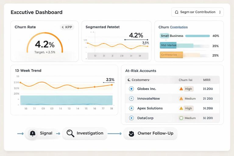Illustration of an executive dashboard workflow focused on customer retention: a clean KPI panel showing churn vs target, a 13-week trend line, a segmented contribution chart, a small list of at-risk accounts, and a workflow arrow from signal to investigation to owner follow-up; modern flat UI, Power BI-like styling, neutral business colors, high readability.