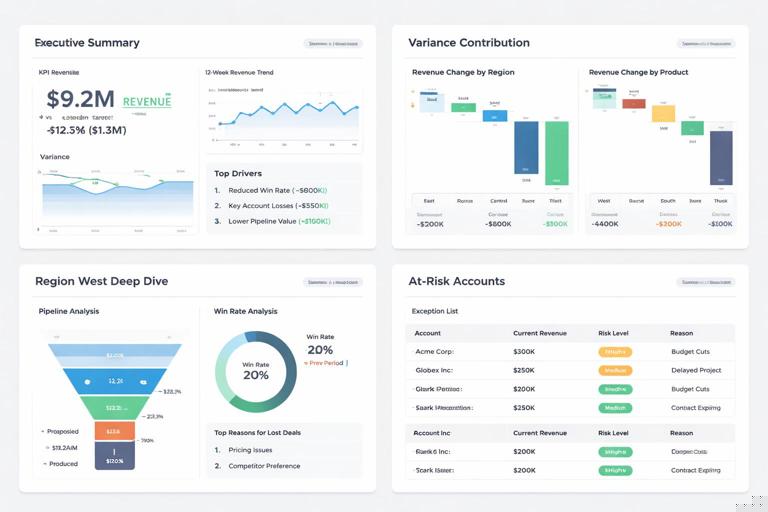 Illustration of a four-page Power BI executive report flow for investigating a revenue decline: Page 1 executive summary with revenue vs target KPI, variance, 12-week trend, and top drivers; Page 2 variance contribution by region and product; Page 3 deep dive into Region West with pipeline stages and win rate; Page 4 exception list of at-risk accounts; clean modern business dashboard style, clear typography, flat design, no brand logos.