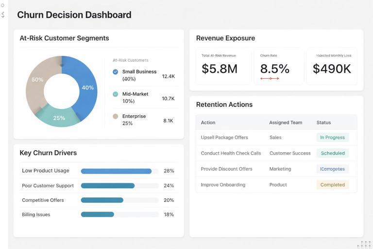 An executive-ready Power BI dashboard concept showing a churn decision loop: at-risk customer segments, revenue exposure KPI cards, key churn drivers, and assigned retention actions to teams; modern clean UI, business analytics style, flat design, high readability, neutral color palette, no brand logos, no real company names.