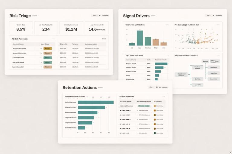 Three-page Power BI report mockup for customer churn: Page 1 Risk Triage with KPI cards and at-risk accounts table, Page 2 Signal Drivers with histogram, scatter plot, matrix, and decomposition tree, Page 3 Retention Actions with action recommendation bar chart and workload table; clean modern analytics dashboard, neutral colors, no logos, legible typography.