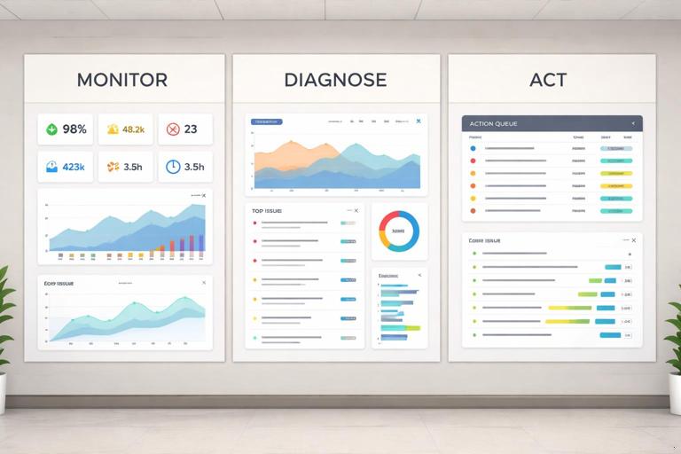 Illustration of a clean three-page operations dashboard workflow on a wall display: three panels labeled Monitor, Diagnose, Act, with simple KPI cards, charts, and an action queue table; modern flat design, neutral corporate color palette, high readability, no brand logos, no text beyond the three labels.