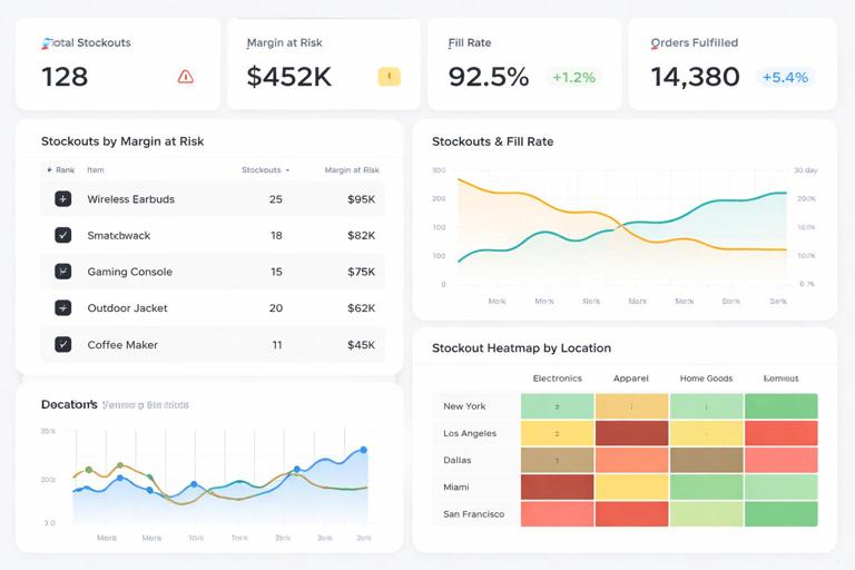 A modern operations monitoring dashboard mockup: KPI cards at top, a ranked table of stockouts by margin at risk on the left, dual trend lines on the right, and a bottom heatmap matrix by location; clean UI, high contrast, no brand names, no small unreadable text.