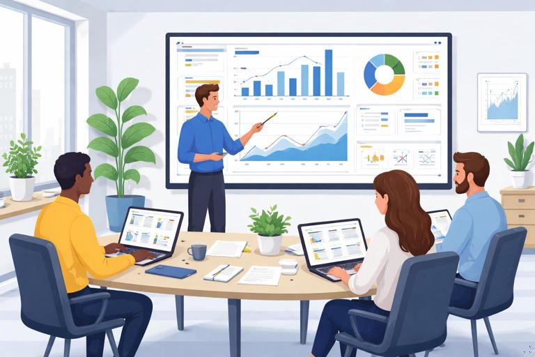 Illustration of a modern analytics team collaborating on a dashboard review: one person presenting a Power BI-style report on a large screen, others using laptops with checklists and templates, clean office setting, professional corporate vibe, flat modern style, high readability, no text in the image.