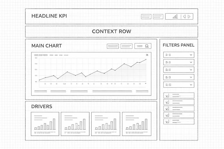 Clean schematic blueprint of a dashboard page layout: labeled zones for headline KPI, context row, main chart, drivers section, filters panel; minimal monochrome design on grid paper background; professional infographic style; no readable text, just simple icons and blocks.