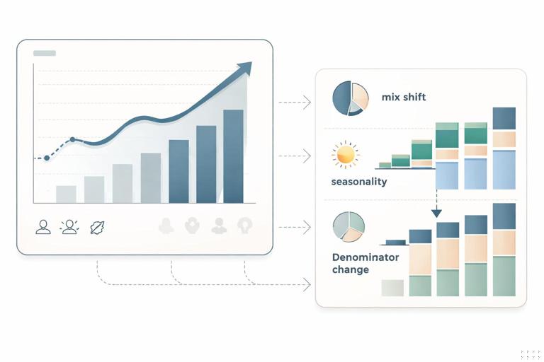 Analytical illustration showing a dashboard chart that appears to improve, alongside a decomposition view explaining drivers: mix shift, seasonality, denominator change; clean vector style, muted corporate colors, no text labels, clear visual metaphor of misleading trend corrected by breakdown.