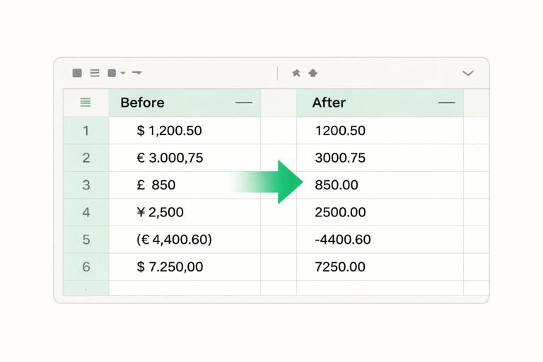 Close-up illustration of a Power Query transform step cleaning currency values: a column of messy amounts with different currency symbols, thousands separators, European decimals, and parentheses negatives transforming into clean decimal numbers; UI-inspired table view, clear before-and-after arrows, crisp minimal style.