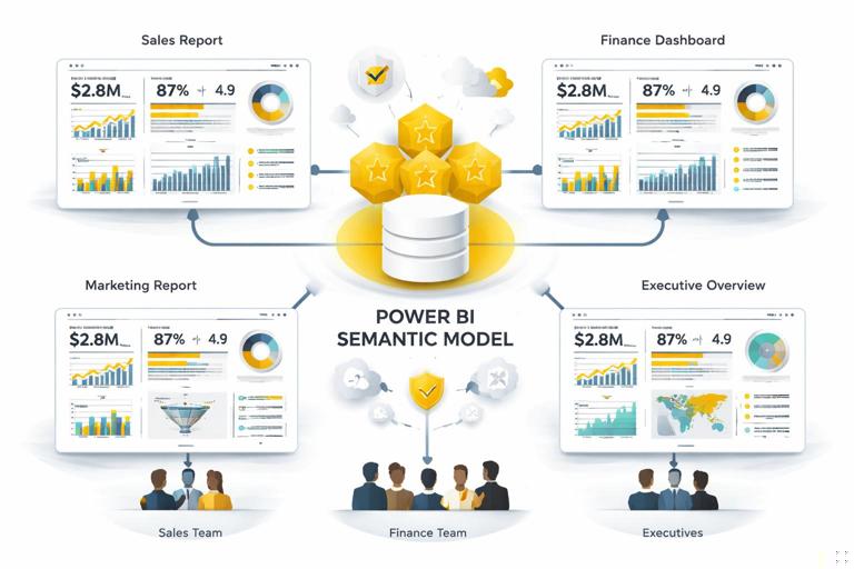 Illustration of a Power BI semantic model as a central hub feeding multiple report pages and audiences, with consistent KPI numbers highlighted across different dashboards; clean modern data visualization style, star schema icons, subtle trust and governance motif