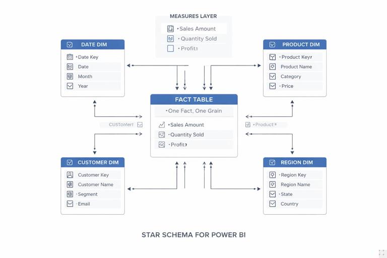 Clean diagram of a star schema for Power BI: central fact table connected to conformed dimensions (Date, Product, Customer, Region), with labels like one fact one grain, measures layer, and single-direction filters; minimalist technical infographic style
