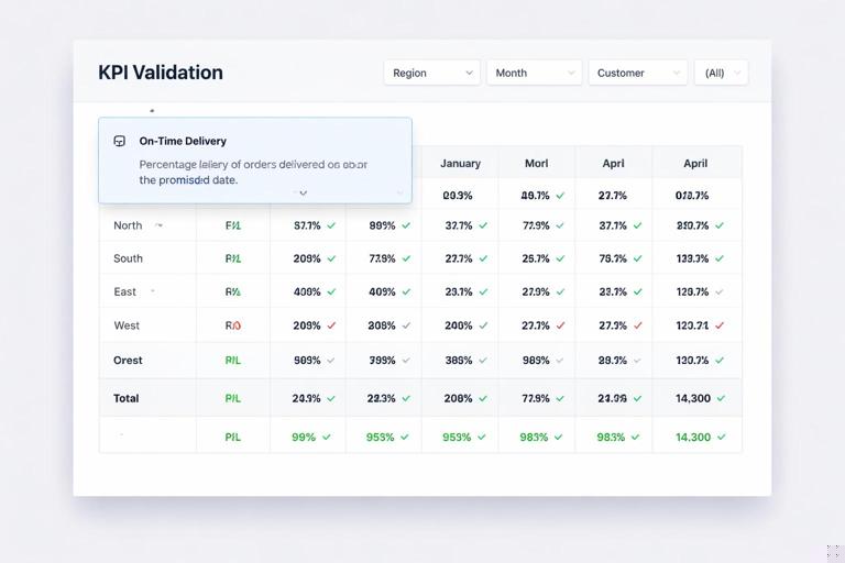 Power BI validation concept: a matrix visual testing KPI behavior across Region, Month, and Customer, with checks for totals and consistency; clean dashboard UI look, subtle highlight on on-time delivery KPI definition tooltip