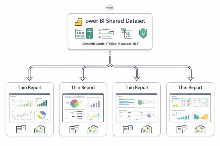 Architecture illustration of Power BI shared dataset with semantic model (tables, measures, RLS) published once, feeding multiple thin reports; arrows to different report layouts, with versioning and performance icons; clean enterprise diagram style