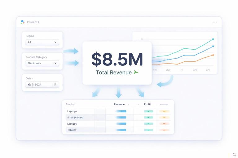Illustration of a Power BI report canvas showing slicers, a line chart, and a matrix all influencing a central KPI card; use subtle arrows to represent filter context flowing into measures; clean flat design, soft colors, modern UI style.