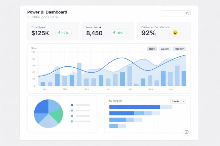Illustration of a Power BI dashboard wireframe on a 12-column grid: top row with 3 KPI cards and a short subtitle, middle area with a large main chart, bottom area with 2 smaller supporting charts and a small help icon. Clean modern UX, white background, light gray grid, blue accent color, minimal flat design.