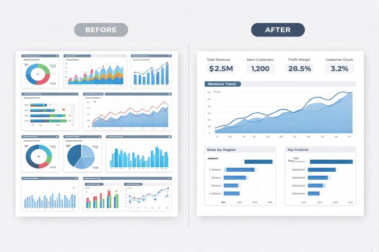 Before-and-after illustration of a Power BI report page: left side cluttered with many small charts, heavy borders, many colors; right side simplified executive layout with KPI strip on top, one main chart center, two supporting charts bottom, lots of whitespace, aligned grid. Clean corporate flat design, white background, blue and gray palette.