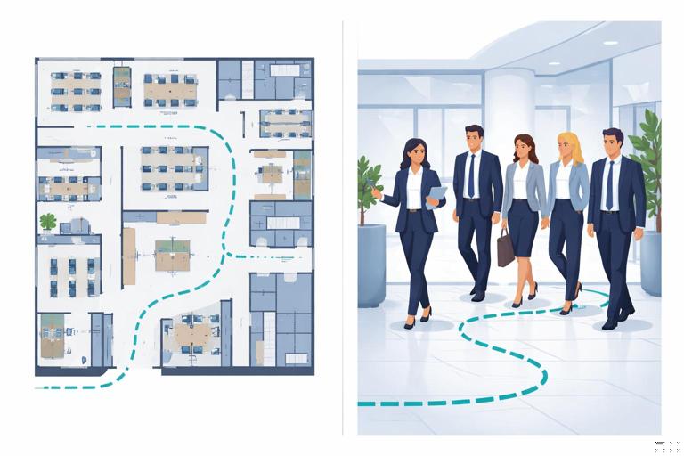 A clean, modern illustration of an office building floor plan on one side and a professional tour guide leading a small group of executives with a highlighted path on the other side; minimal flat design, corporate colors, no text, high clarity.