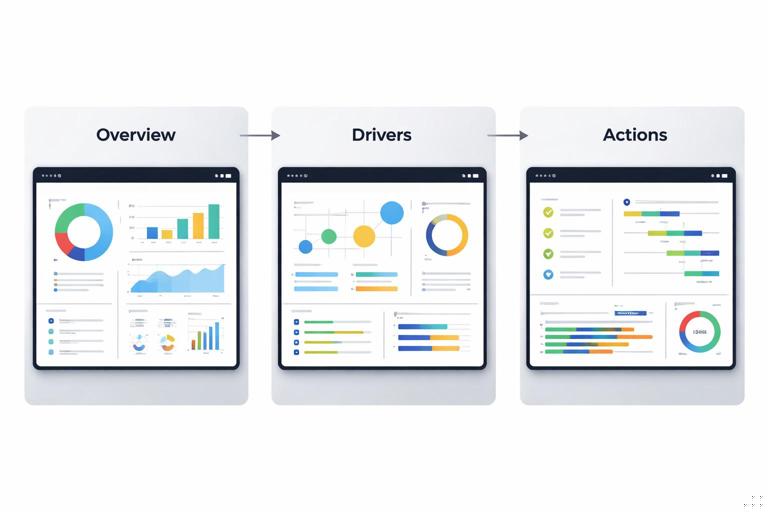 A sleek Power BI-style dashboard storyboard with three labeled panels represented visually (no text): overview, drivers, actions; arrows showing left-to-right flow; corporate, minimalist UI mockup look, high contrast, no brand logos.