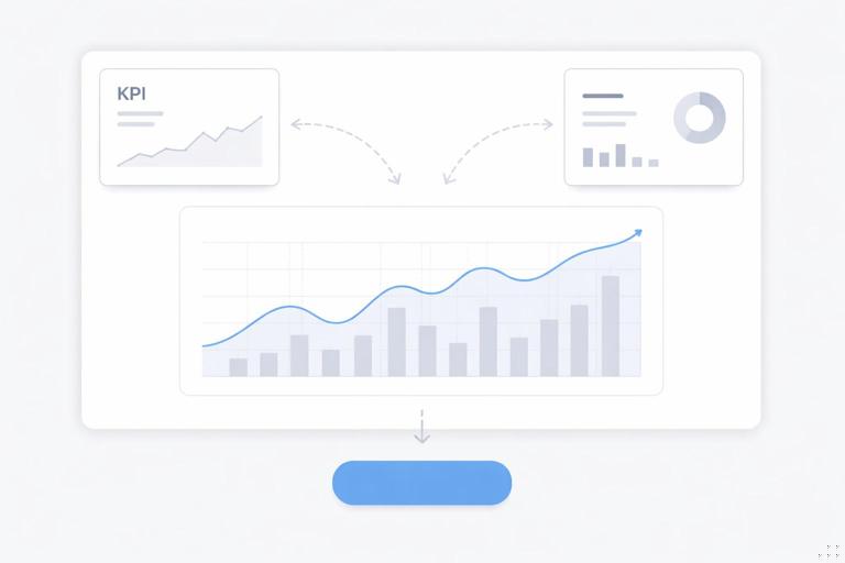 A minimalist dashboard wireframe showing an executive attention path: top-left KPI card, top-right driver card, central chart, bottom action button; subtle arrows guiding the eye; clean corporate design, no text, no logos.