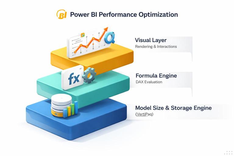 Create an editorial-style infographic showing three stacked layers of Power BI performance optimization: Model size and storage engine (VertiPaq) at the base, Formula engine (DAX evaluation) in the middle, and Visual layer (rendering and interactions) at the top. Use clean icons (database, fx symbol, chart), minimal text labels, modern corporate color palette, white background, crisp vector look.