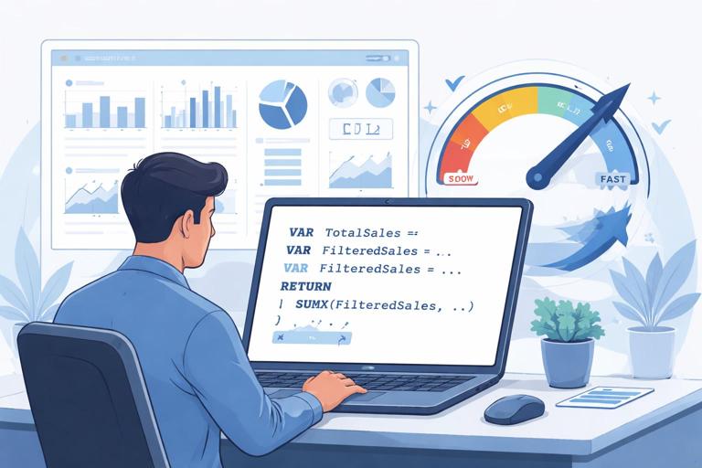 Illustration of a Power BI developer optimizing DAX: a laptop showing a simplified DAX measure with VAR blocks, a performance gauge improving from slow to fast, and a clean executive dashboard in the background. Modern flat design, corporate style, blue and gray palette, no readable brand logos, high clarity.