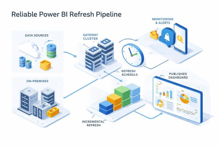 Diagram-style illustration of a reliable Power BI refresh pipeline: data sources (cloud and on-prem), gateway cluster, refresh schedule clock, incremental refresh partitions, monitoring alerts, and a published dashboard. Clean isometric or flat vector style, corporate palette, simple icons, no brand marks, readable structure.