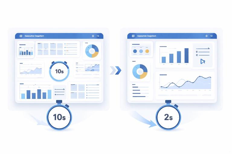 Before-and-after scene of an executive dashboard optimization: left side shows a cluttered dashboard with many visuals and slow loading indicator; right side shows a simplified fast executive overview with drill-through link and fewer visuals. Include a stopwatch changing from 10 seconds to 2 seconds. Modern flat vector, corporate colors, no readable text, clean UI-like shapes.