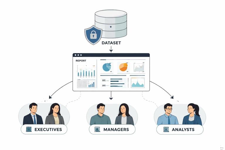 An illustrative diagram of data access control for a BI report: one dataset feeding a report, with three user groups seeing different filtered slices via row-level security. Include role labels like Executives, Managers, Analysts and a lock icon for security. Clean vector style, enterprise look, muted colors, no brand logos.