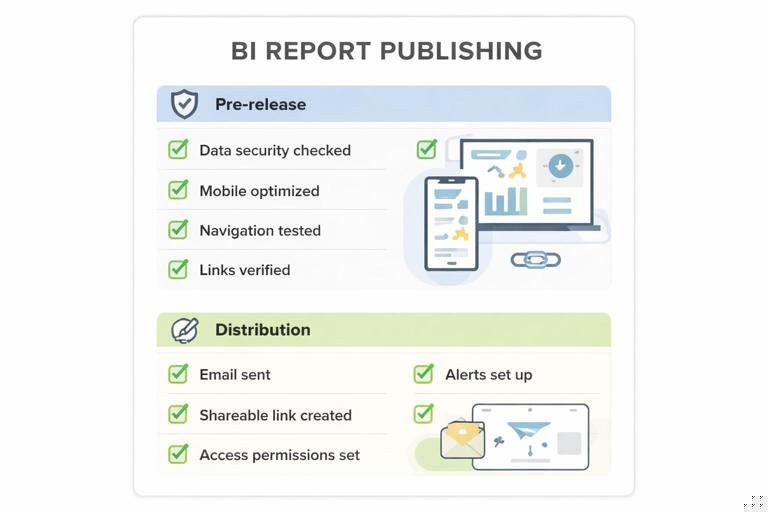 A one-page operational checklist style illustration for BI report publishing: sections for Pre-release and Distribution, with checkboxes, icons for security, mobile, app navigation, and links. Minimal, clean layout, flat vector, neutral palette, no brand logos, no dense text.