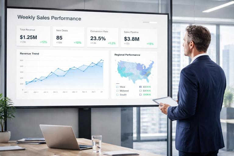 Illustration of a VP of Sales reviewing a weekly sales performance dashboard on a large screen in a modern office, showing KPI cards, a trend line, and regional breakdown; clean corporate style, high readability, no brand logos, realistic lighting.