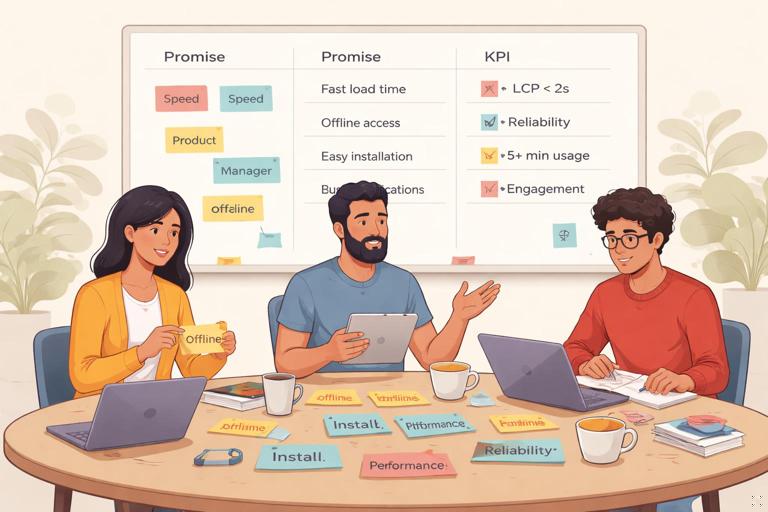 Illustration of a cross-functional workshop defining PWA product goals: a product manager, engineer, and designer around a table with sticky notes labeled offline, install, performance, reliability, metrics; a whiteboard showing tasks mapped to promises and KPIs; clean modern flat style, high readability, warm neutral colors.