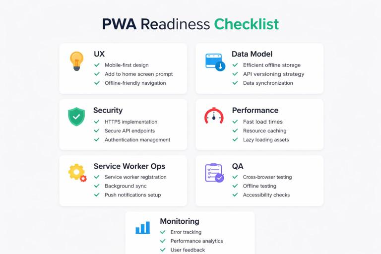 A clean infographic-style checklist titled PWA Readiness Checklist with sections: UX, Data Model, Security, Performance, Service Worker Ops, QA, Monitoring; icons for each section; minimal modern design on light background, crisp typography, professional product documentation look.