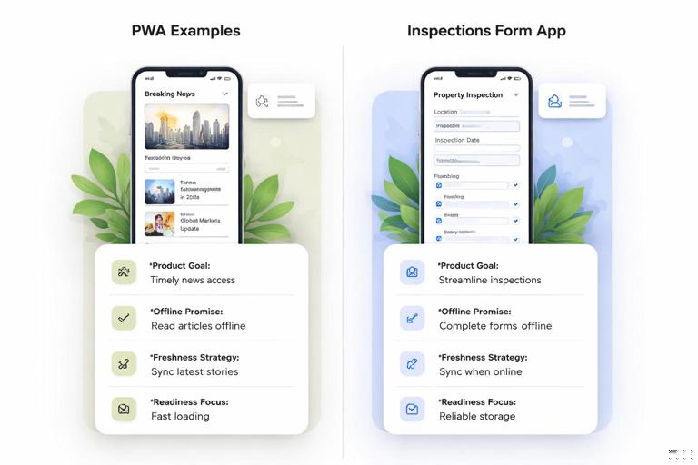Split-panel illustration showing two PWA examples side-by-side: a news app and an inspections form app, each with a small card listing product goals, offline promise, freshness strategy, and readiness focus; modern UI mockups, clean vector style, subtle shadows, neutral palette.