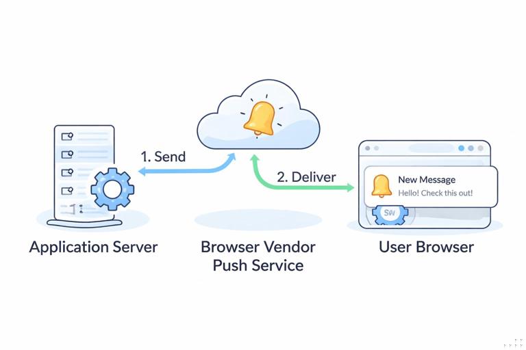 Diagram-style illustration of web push notification system: application server sending to a browser vendor push service, then to a user browser with a service worker showing a notification; clean flat design, labeled components, modern tech UI, light background