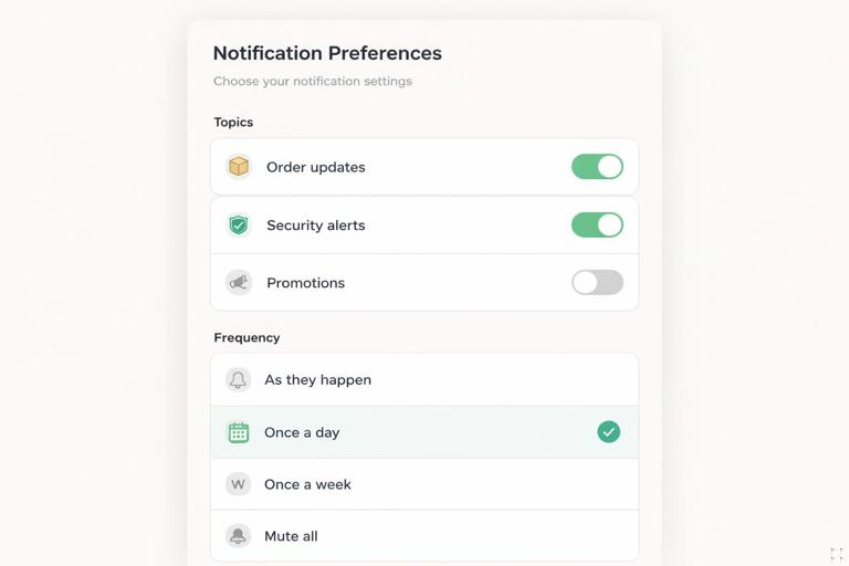 Illustration of notification preferences screen with topic toggles (Order updates, Security alerts, Promotions) and frequency options; modern mobile/web settings UI, clean typography, neutral palette, privacy-friendly feel