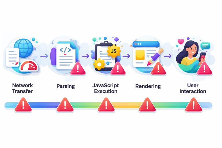 Illustration of a web performance pipeline diagram for a Progressive Web App: stages labeled network transfer, parsing, JavaScript execution, rendering, and user interaction, shown as a clean flow with bottlenecks highlighted, modern flat design, high contrast, no text beyond labels, 16:9