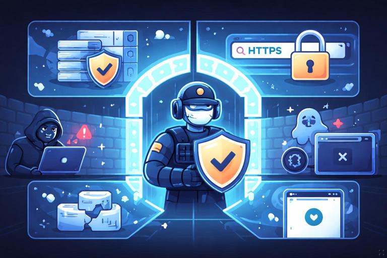 Illustration of a Progressive Web App security and reliability scene: a service worker as a gatekeeper at a network boundary, split-screen showing cache, offline mode, and HTTPS lock, with subtle threat icons (MITM, broken cache, blank screen) being contained; clean modern flat vector style, high contrast, tech UI aesthetic, no text.