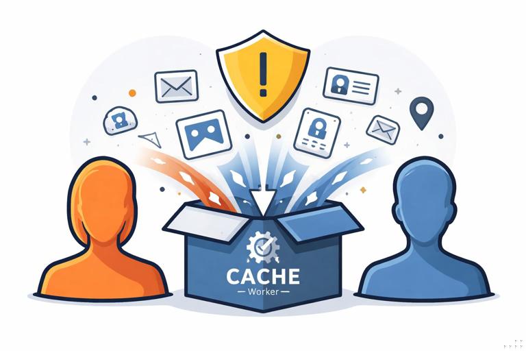 Flat vector illustration of a shared device scenario showing browser cache storage leaking personal data between two user silhouettes, with a service worker cache box labeled cache and a warning shield; clean modern tech style, high contrast, no text.