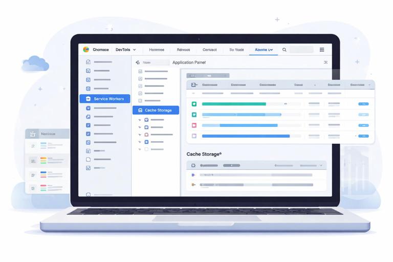 A clean, modern illustration of Google Chrome DevTools open on a laptop screen, showing the Application panel with Service Workers and Cache Storage sections highlighted, plus a subtle Network panel overlay, flat UI style, no readable text, high resolution, technical but friendly.