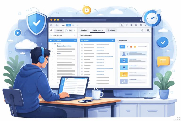 A detailed illustration of a developer inspecting Cache Storage in Chrome DevTools: cache list expanded, a single cached request selected showing headers and preview pane, modern flat UI, no readable text, emphasis on caching concept, high resolution.