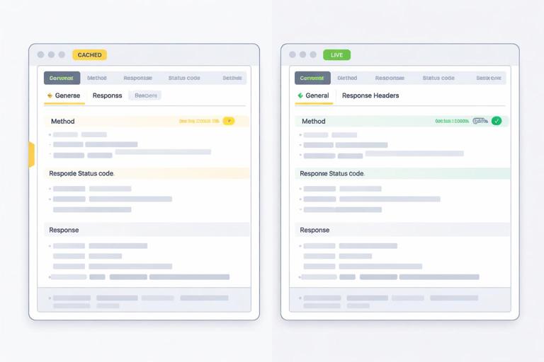 Split-screen technical illustration: left side shows a cached response details pane, right side shows a live network response details pane, with subtle comparison cues like highlighted headers and timestamps, modern flat UI, no readable text, high resolution.