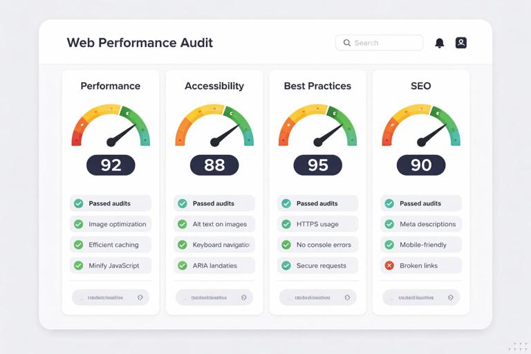Illustration of a web performance audit dashboard showing Lighthouse categories (Performance, Accessibility, Best Practices, SEO) with gauges and pass/fail audit checkmarks, clean modern UI, flat design, high contrast, no brand logos.