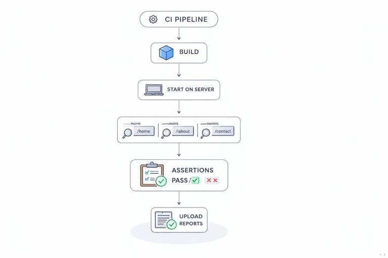 Conceptual illustration of a CI pipeline running Lighthouse CI across multiple URLs, showing a flowchart with stages: build, start server, run audits on routes, assertions pass/fail, upload reports; clean developer tooling style, minimalist, no logos.