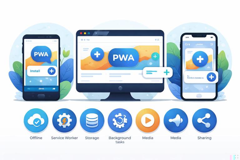 An illustration of a Progressive Web App appearing differently across platforms: a split scene showing Android Chrome, desktop browsers, and iOS Safari with Add to Home Screen; icons for offline, service worker, storage, background tasks, media, and sharing; clean modern flat design, high contrast, no text.