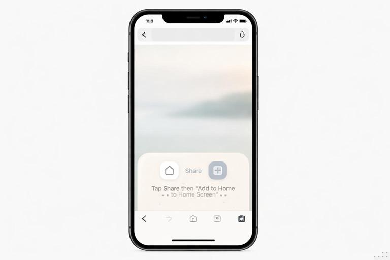 A mobile UI mockup of an iOS Safari page showing a small install education banner at the bottom: icons indicating Tap Share then Add to Home Screen; minimal clean design, iPhone with notch, soft neutral colors, no readable text.