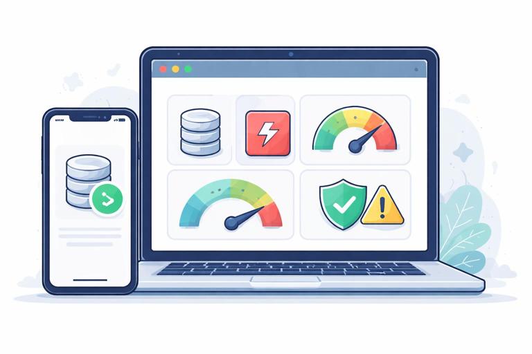 A conceptual illustration of a PWA storage health check: a dashboard-like screen with icons for database, cache, quota meter, and a sentinel checkmark turning to warning; an iPhone and laptop side by side; clean technical flat vector style, no text.