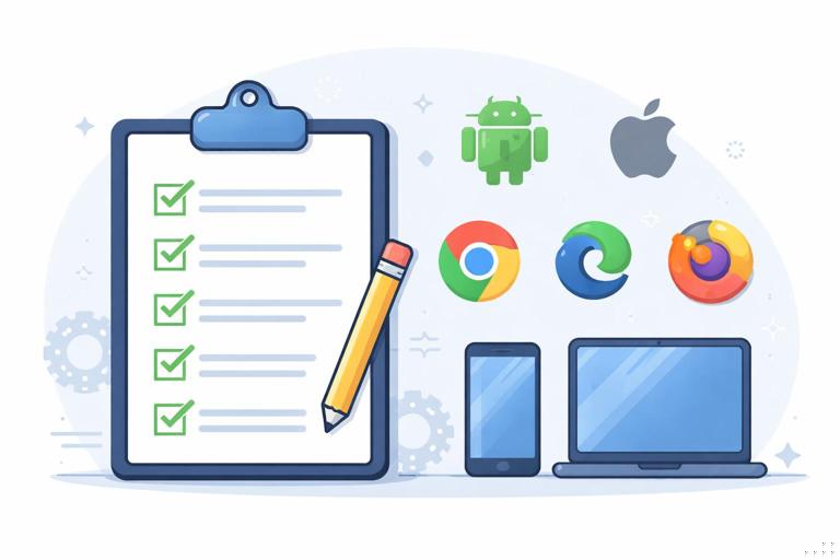 A clean checklist-style illustration for cross-platform PWA testing: a clipboard checklist beside icons for Android, iOS, Chrome, Edge, Firefox, and a phone and laptop; subtle technical aesthetic, flat vector, no text.