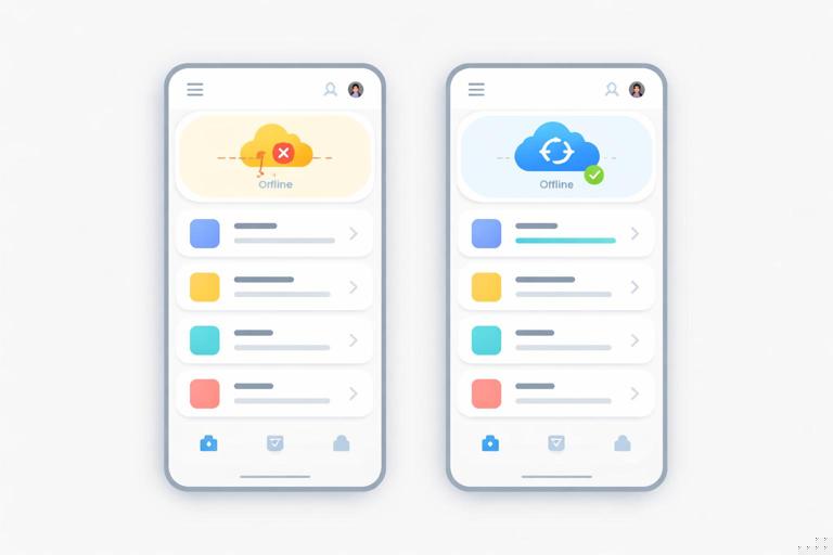 Illustration of a mobile progressive web app screen showing clear offline and syncing status messages, with a visible status area and subtle UI elements, inclusive design theme, flat modern style, high contrast, no text in the image
