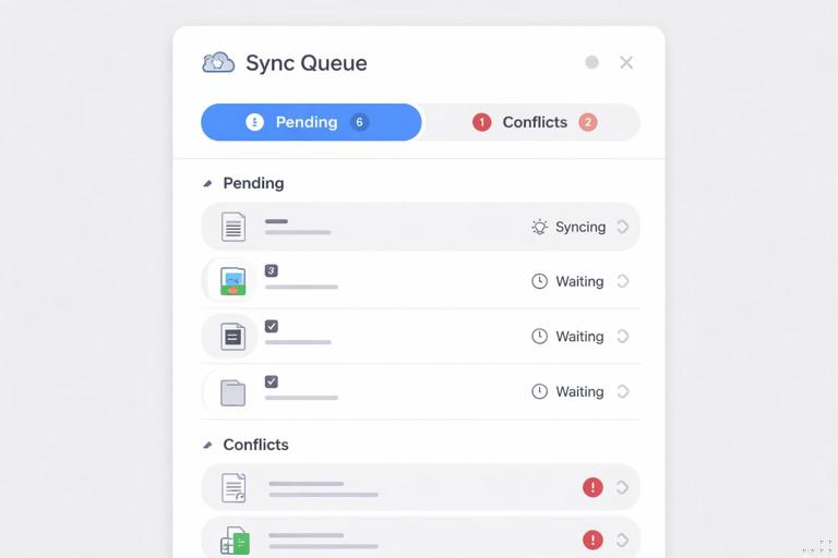UI illustration of a sync queue screen listing pending uploads and conflicts with clear status labels and icons, accessible layout with headings and list items, neutral colors, modern flat design, no text in the image
