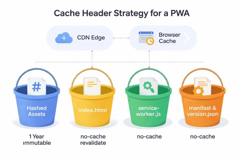 Clean infographic showing cache header strategy for a PWA: buckets for hashed assets (1 year immutable), index.html (no-cache revalidate), service-worker.js (no-cache), manifest and version.json (no-cache); include CDN edge and browser cache icons; modern flat design, minimal text.