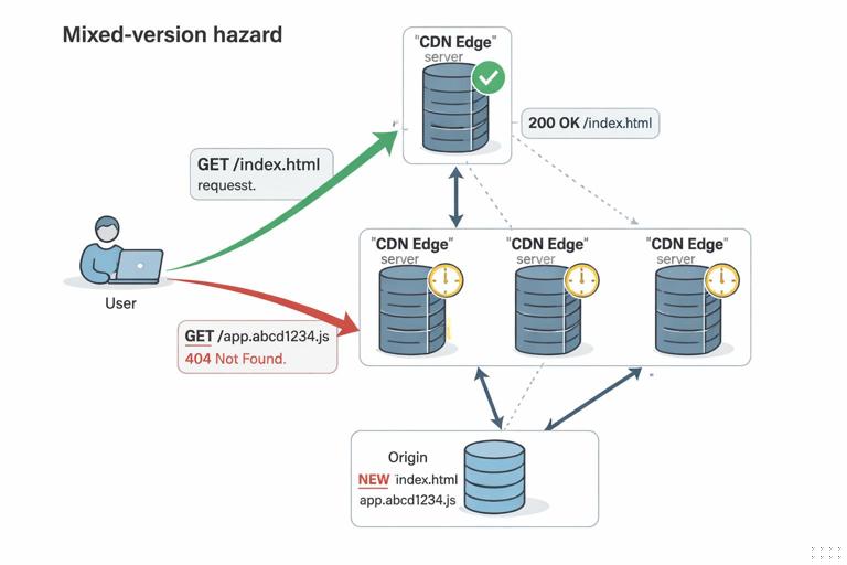 Diagram of a mixed-version hazard: user requests index.html from a CDN edge that has the new HTML, then requests a new hashed JS bundle that is missing at that edge; show 404 for the bundle; include origin, multiple CDN edges with inconsistent propagation; clean technical illustration, minimal labels.