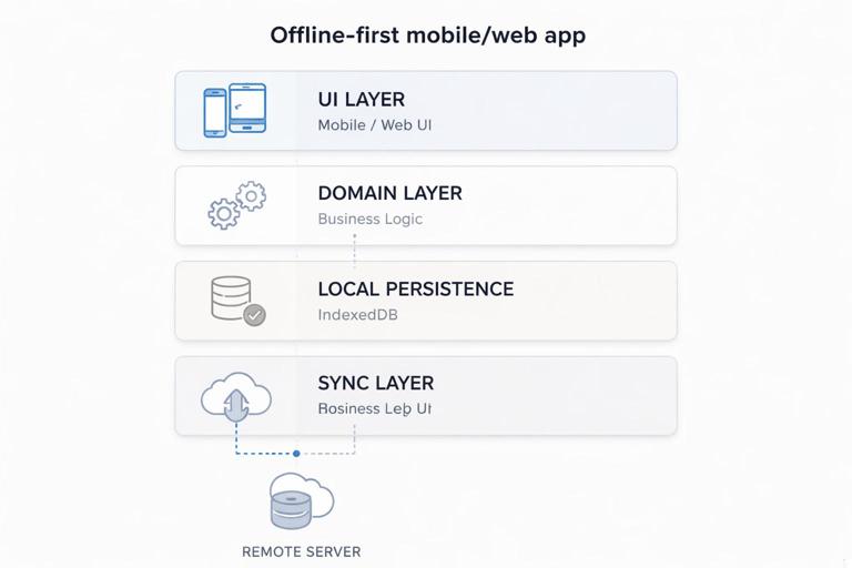 A clean layered architecture diagram for an offline-first mobile/web app: UI layer, Domain layer, Local persistence (IndexedDB), and Sync layer connecting to a remote server. Minimalist style, clear labels, modern flat design, neutral colors, high readability.